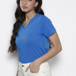 Women Blue Brand Logo V-Neck Pure Cotton T-shirt