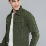 Men Olive Green Solid Denim Jacket